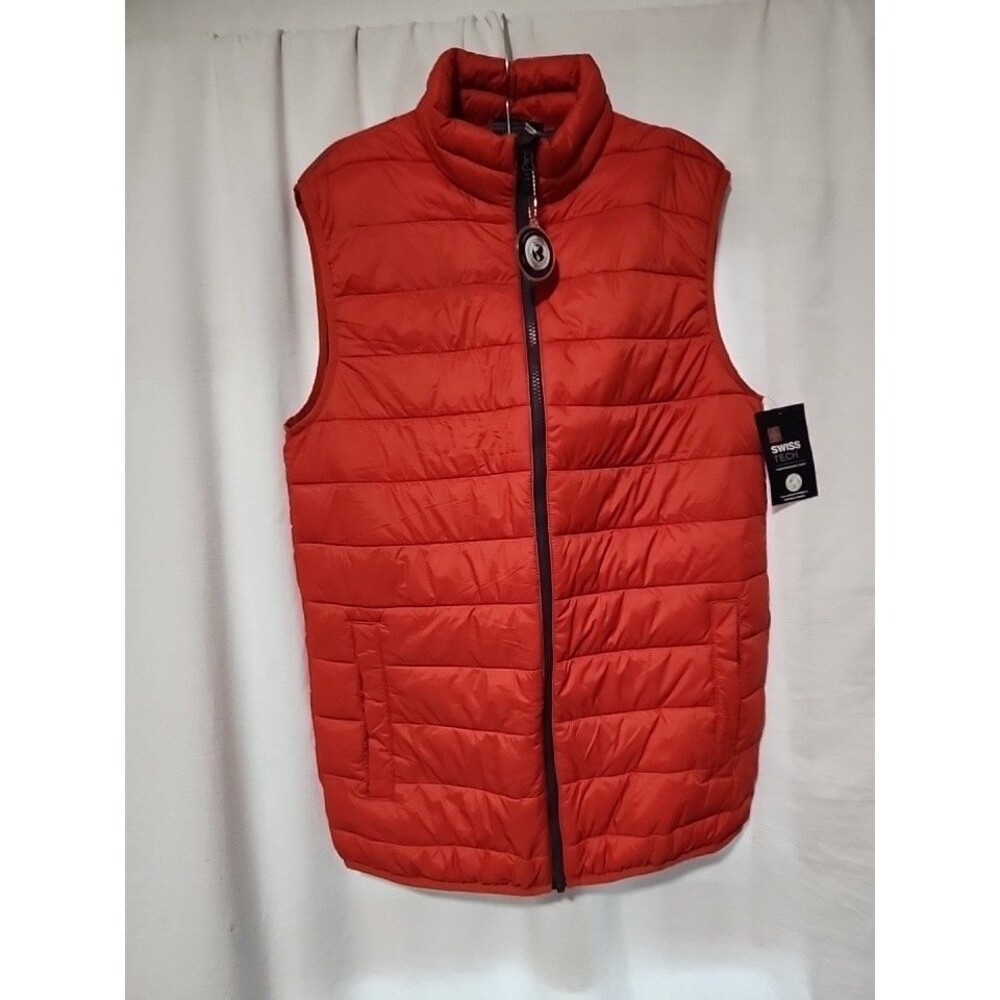 Swiss Tech Puffer Vest Men Small Orang Full Zip High Neck Pockets Autumn Winter